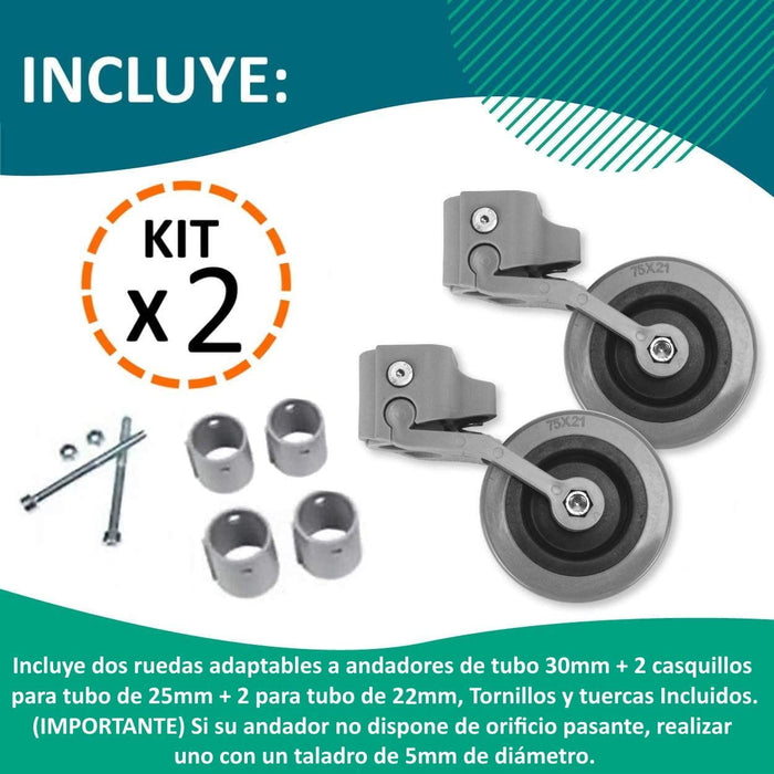Kit x2 Ruedas para Andadores y Caminadores 22, 25 y 30 mm